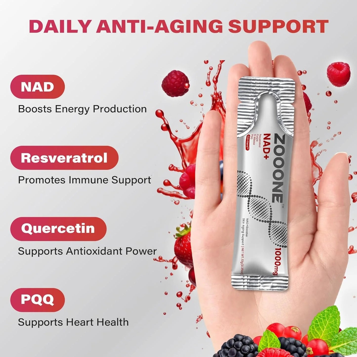ZOOONE NR1000 NAD+ Drink Mix - Berry Flavor for Cellular Energy, Focus & Skin Aging Support - 30 Pack