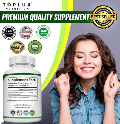 Moringa Capsules 1200mg – Pure Oleifera Leaf Superfood for Immune & Skin Health | Vegan, Non-GMO | 90 Capsules